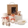 Newborn Gift 6-Piece Baby Gift Set Girls Boys - Bath Towels Bibs Wooden Toy Crochet Rabbit Rattle and Milestone Cards Gift Packaging Beige