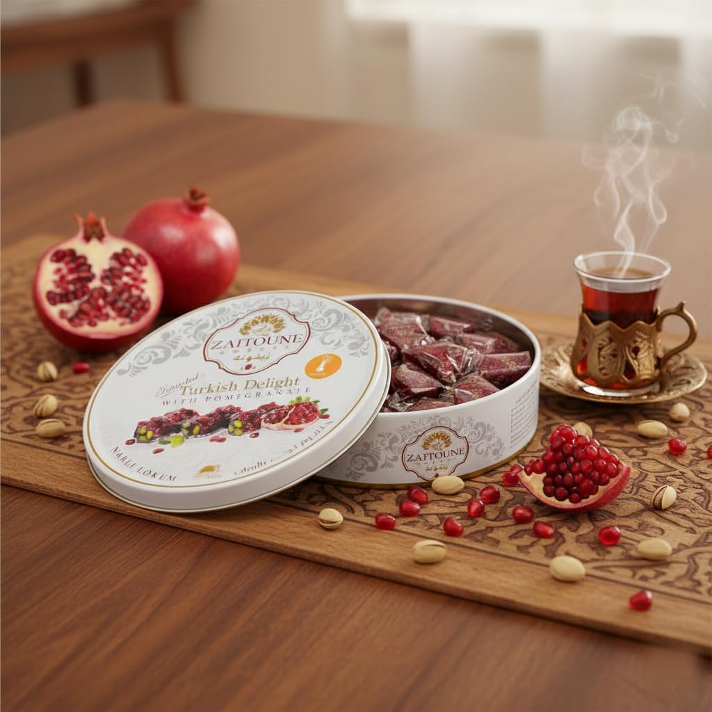 Zaitoune Pomegranate Covered Turkish Delight - 9 oz | Stuffed with Pistachios & Cashews | Coated with Dried Pomegranate Seeds | Authentic Lokum Sweets in a Gift Tin | Handmade & Individually Wrapped