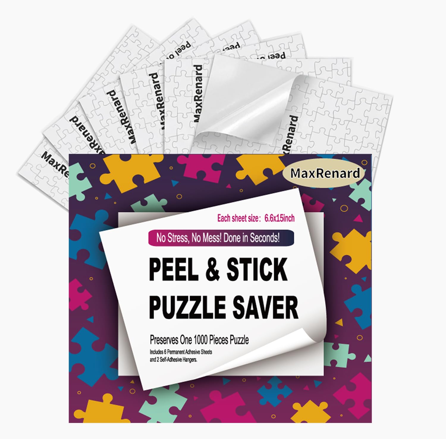 Maxrenard Puzzle Saver Klebeblätter, Peel & Stick, 6 Blatt + 2 kostenlose Haken, einfach zu bedienen, passt bis zu 1000 Teile