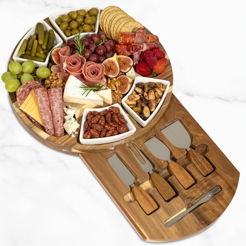 Käsebrett & Messer Set aus Akazie, Charcuterie-Brett mit Keramikschalen, ausziehbarer Schublade und Servierutensilien, perfekt für Unterhaltung, ideales Geschenk für Hochzeiten, Einweihungsfeiern und