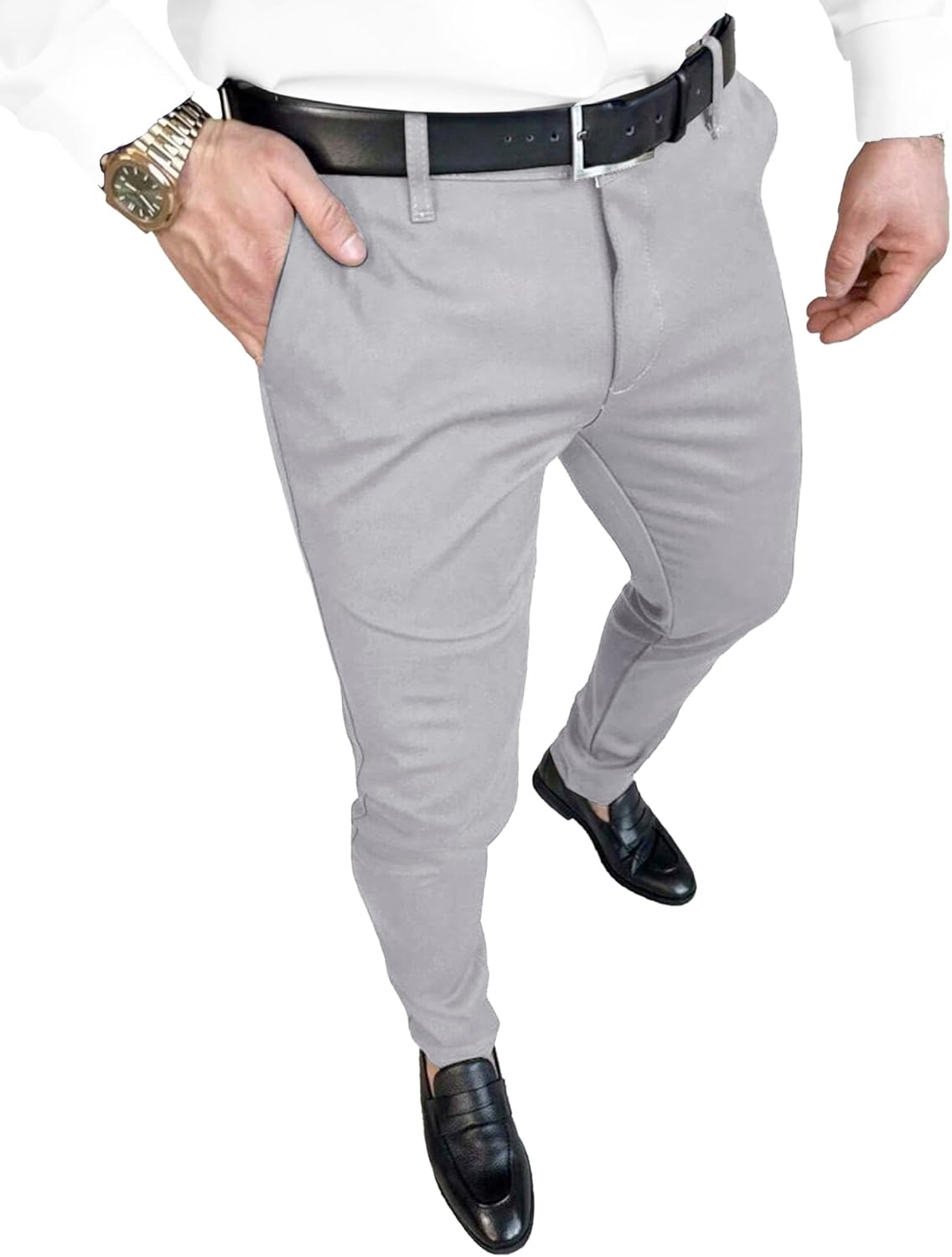 PLEPAN Men's Slim Fit Stretch Dress Pants Skinny Tapered Suit Trousers with Expandable Waist