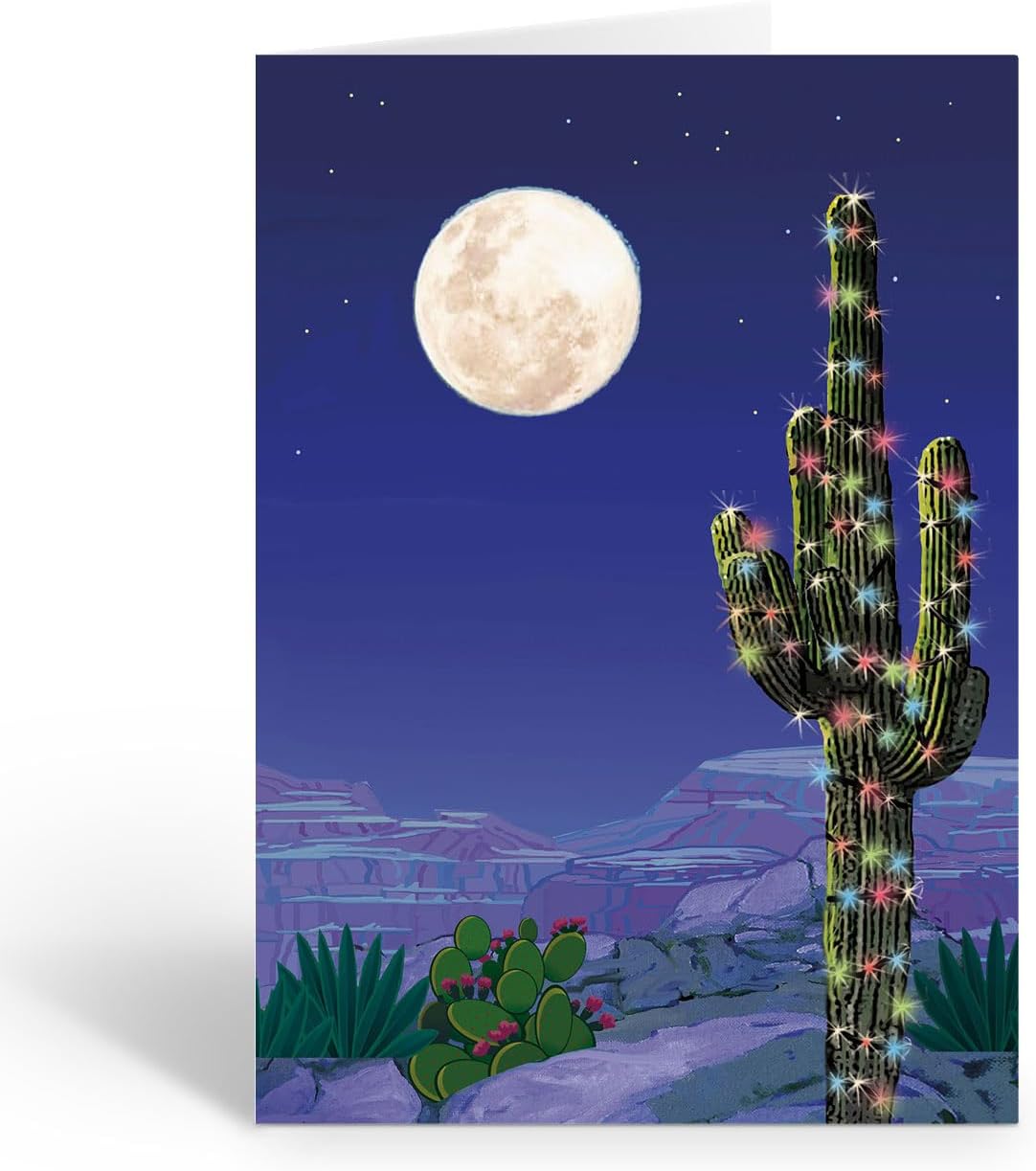 Stonehouse Colleciton | Custom Desert Cactus Christmas Lights | Personalized Saguaro Cactus Holiday Cards | Southwest Greeting Cards | 24 cards and 25 envelopes (Personalized)