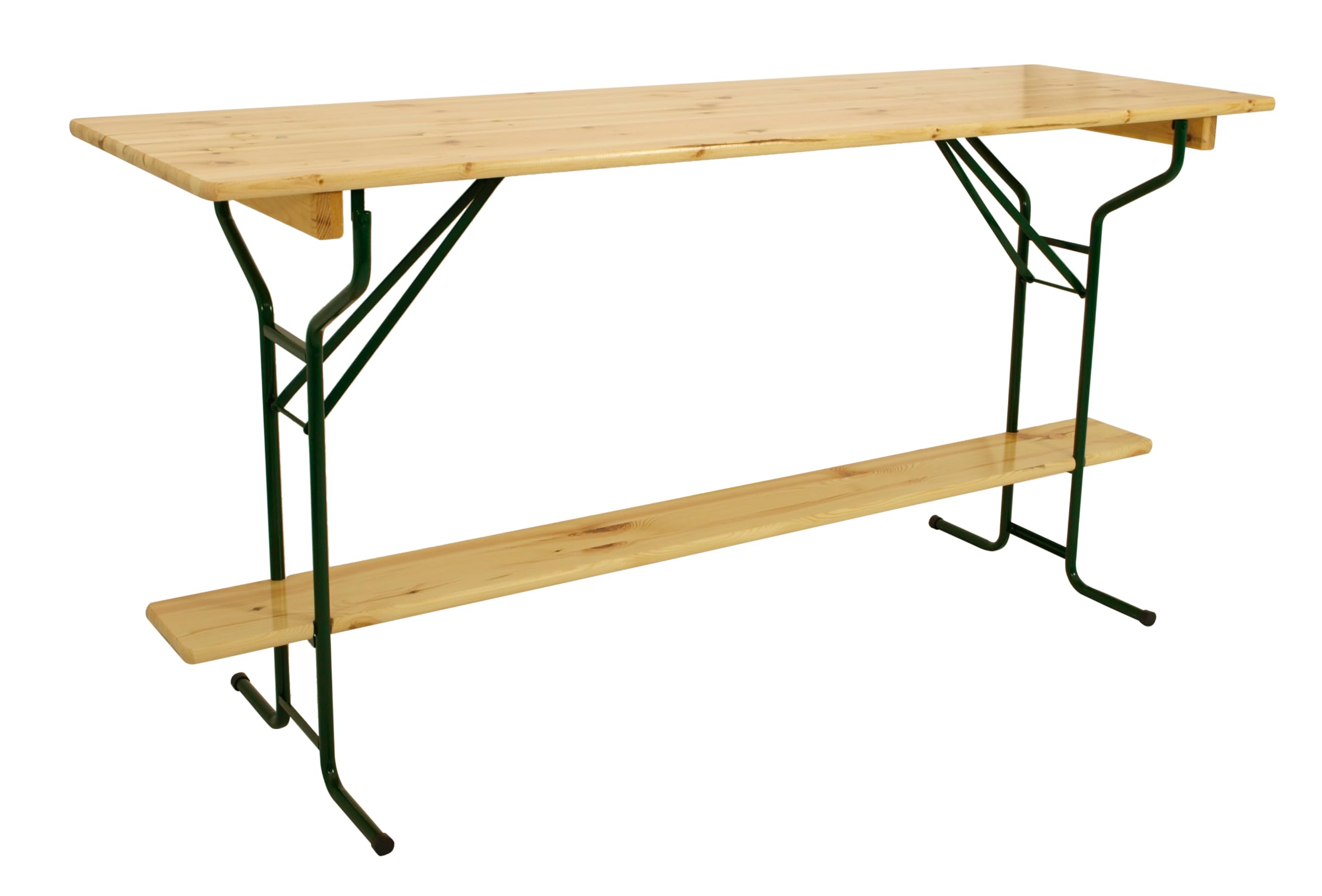 DEGAMO Stehtisch Bartisch Bamberg 70 x 220cm, Gestell Stahlrohr dunkelgrün, Tischplatte Kiefernholz transparent beschichtet, klappbar, Höhe 110cm