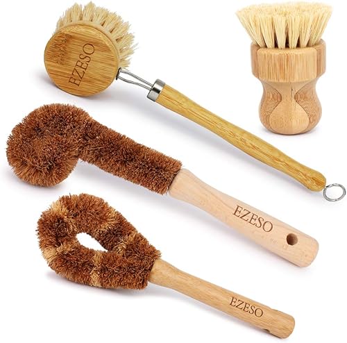 Ezeso - Juego de 4 cepillos de bambú natural para fregar platos, olla de madera y cepillo para botellas