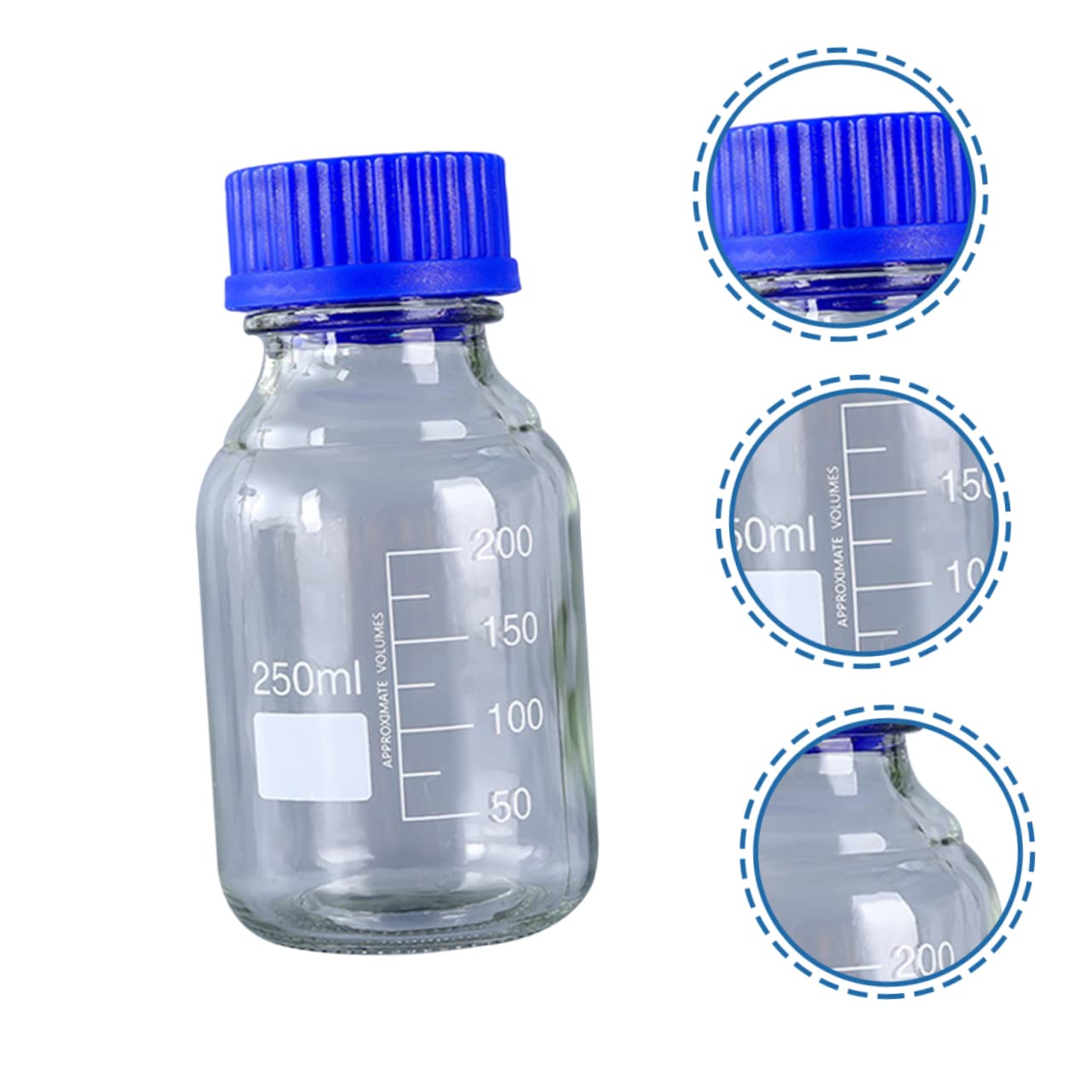 CHILDWEET Bottiglia di Reagente in Vetro 250ml 3 Pezzi, Flacone | Tappo Blu a Bocca Larga, Filettatura Sigillata, per Campionamento Chimico e Classificazione Imballaggi