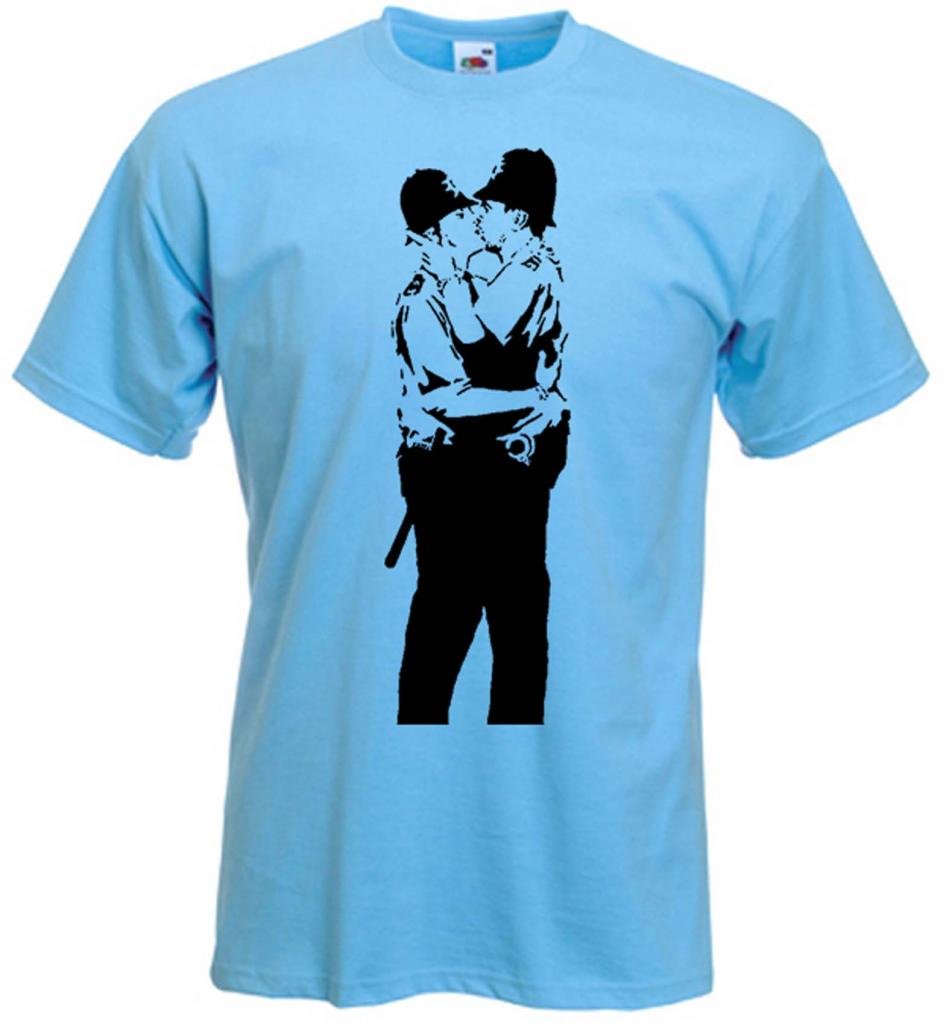 Tribal T-Shirts Banksy T-Shirt - Kissing Coppers - Light Grey - XXXL