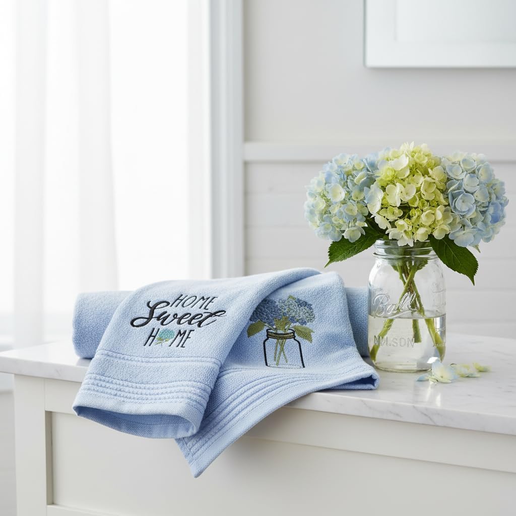 2 Pack Spring Summer Hand Towel Cotton Embroidered Blue Hydrangea Decorative Hand Towels Home Sweet Home Bathroom Towel for Kitchen Bathroom Decor Holiday Hand Drying Cleaning Cooking Gift(Hydrangea)