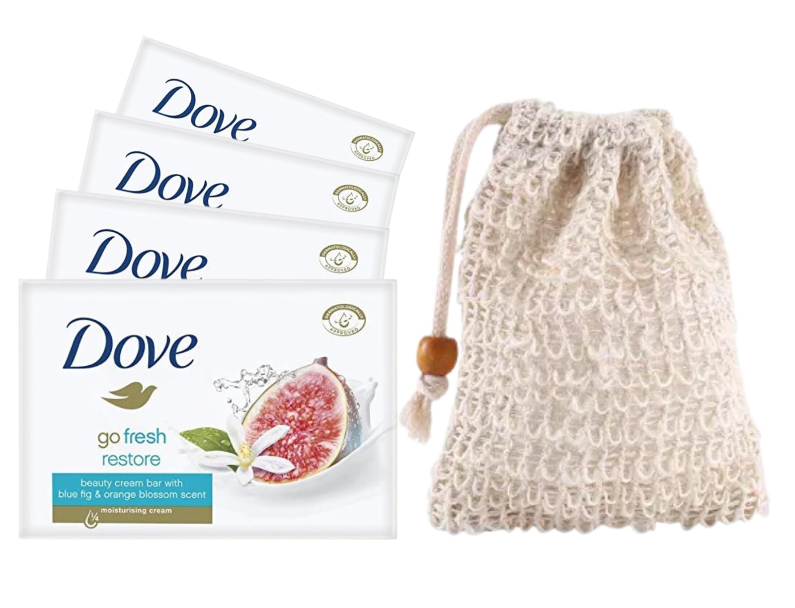 Wundle Bundle Soap Saver Exfoliating Pouch with 4 x Restoring Moisturising Soap Bars (Blue Fig & Orange Blossom)