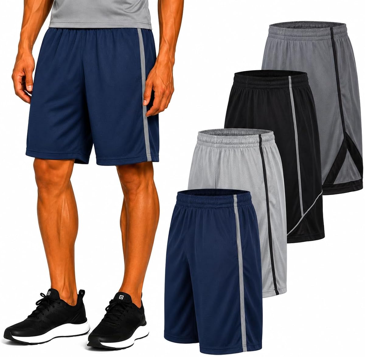 Pack de 4 pantalones cortos deportivos ajustados en seco Essential Elements para hombre | Tejido ligero que absorbe la humedad con cintura elástica transpirable, diseñado para entrenamientos, correr y días activos, bolsillos