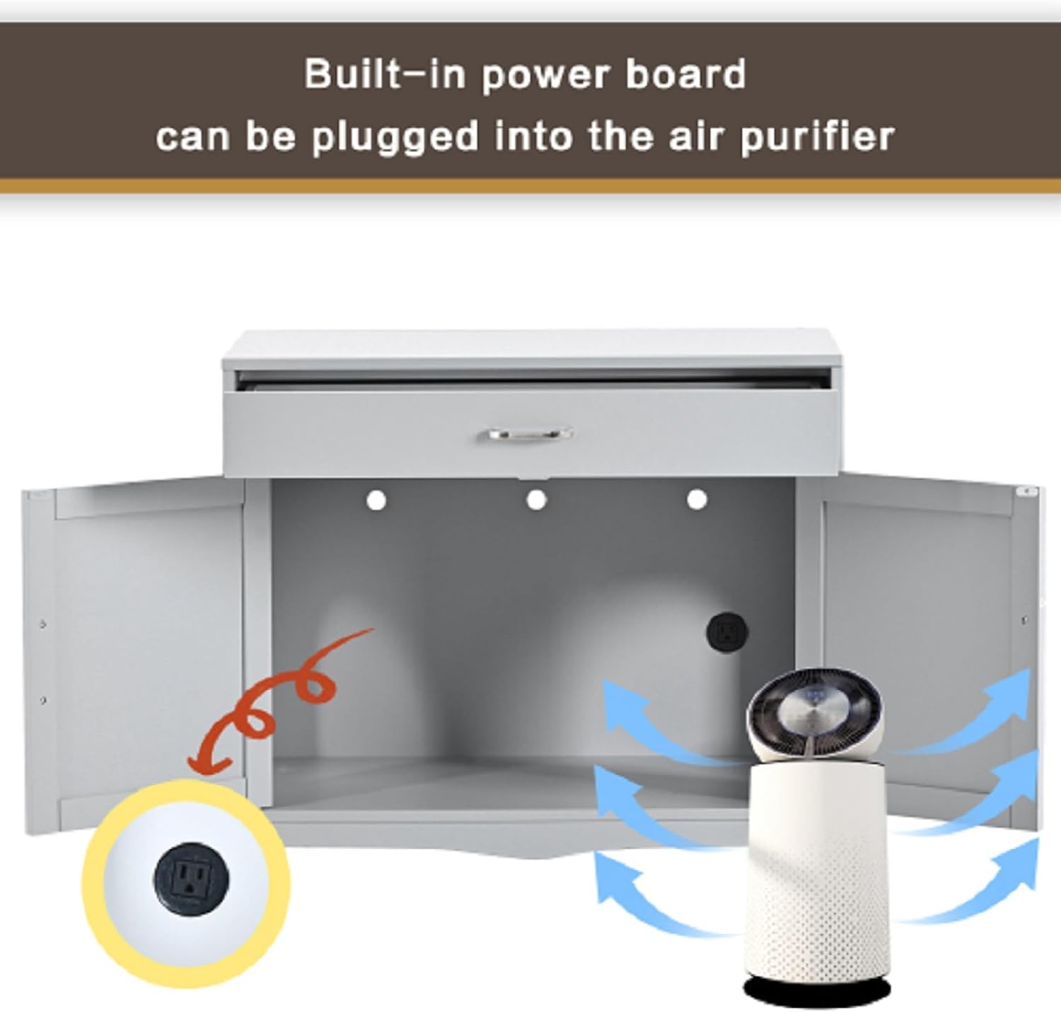 Cat Litter Box Enclosure Furniture, Litter Box Enclosure with Hidden Plug 2 Doors Cat Washroom Storage with Drawer-Grey