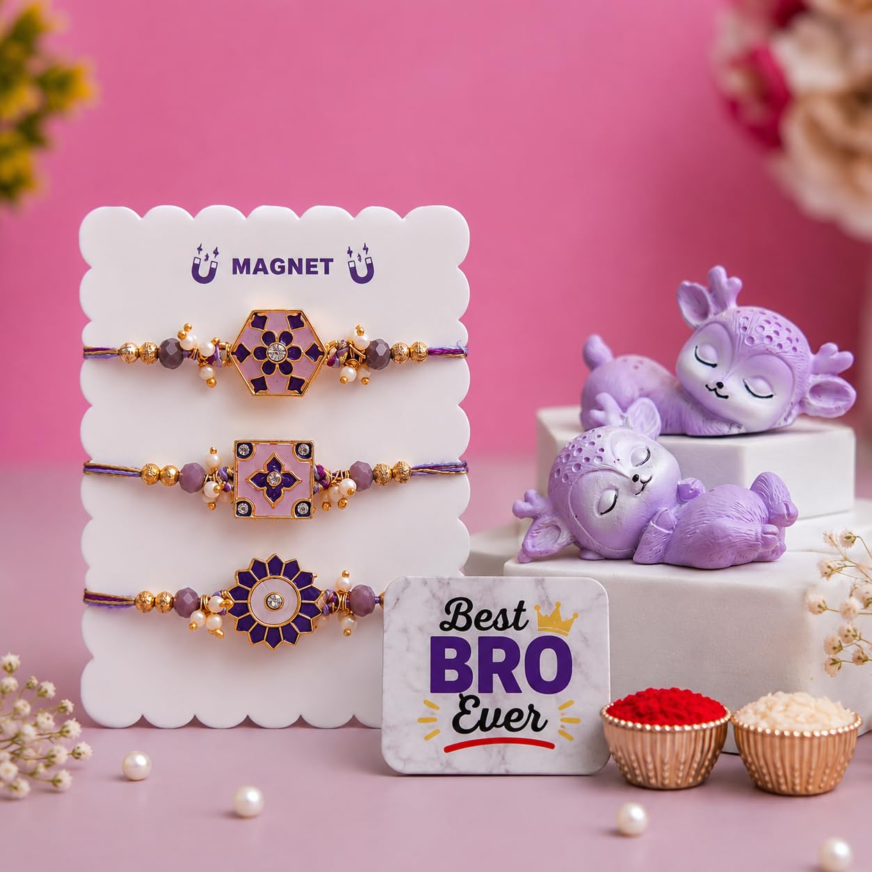 eCraftIndia Designer Rakhi Set of 3 for Brother with Best Bro Ever Fridge Magnet & Cute Deer Showpieces | Premium Beaded Fancy Rakhi Combo | Raksha Bandhan Gift Set for Bhai