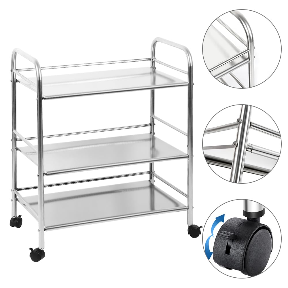 XANNI Carrello di servizio in acciaio inossidabile, carrello da laboratorio a 3 livelli con recinzione, con 4 ruote girevoli e freni di parcheggio, 61 x 36 x 75 cm