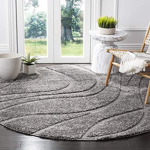 Image of Geometric Wave Round Shaggy Carpet for Living Room, Bedroom, High Low Design Finish Microfiber 1.8 Inch Pile High, 4x4 Feet Grey|Grey Color