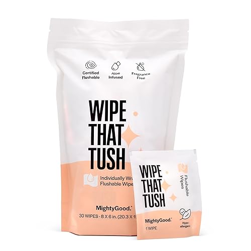 MightyGood. Wipe That Tush On-The-Go Flushable Wet Wipes - 1 Pack, 30 Wipes - Individually Wrapped Extra-Large Wipes with Aloe - Hypoallergenic & Unscented - Septic and Sewer Safe - Unscented - 30 Count (Pack of 1)