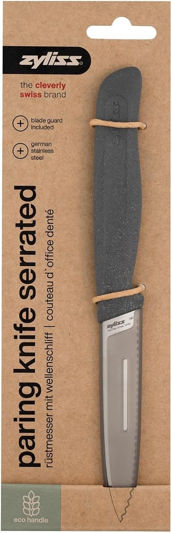 Zyliss Serrated Paring Knife German Stainless Steel Blade with Sustainable Wheat Straw NonSlip Handle Blade Guard Included Dishwasher Safe 3.9 inches - Gray