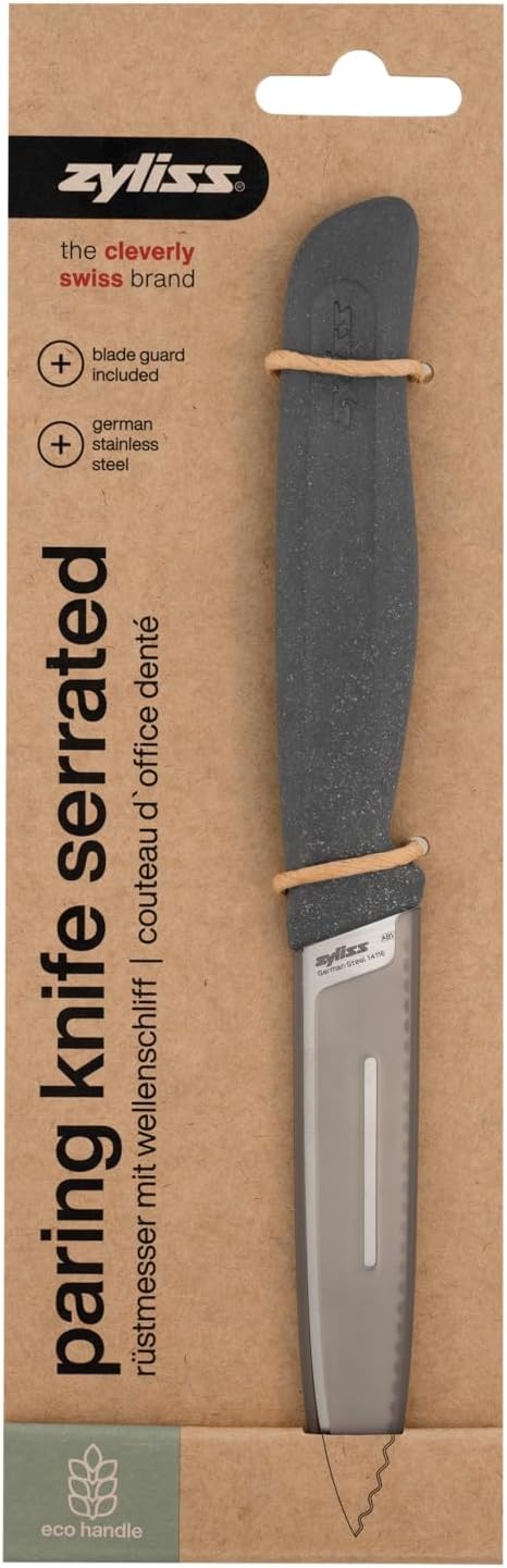Zyliss Serrated Paring Knife German Stainless Steel Blade with Sustainable Wheat Straw NonSlip Handle Blade Guard Included Dishwasher Safe 3.9 inches - Gray