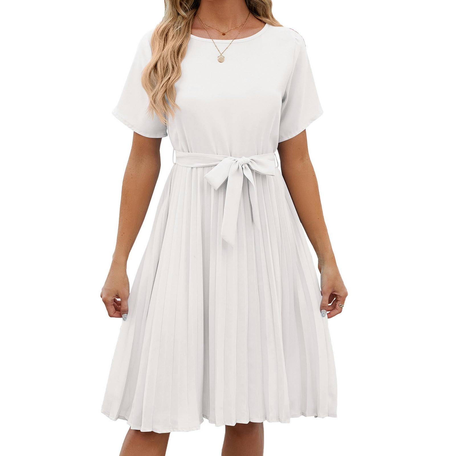 Vestido de Verano Vestido de Mujer con Cuello Redondo Y Mangas Cortas Plisadas Hasta la Rodilla, HUTALIM, Blanco, m