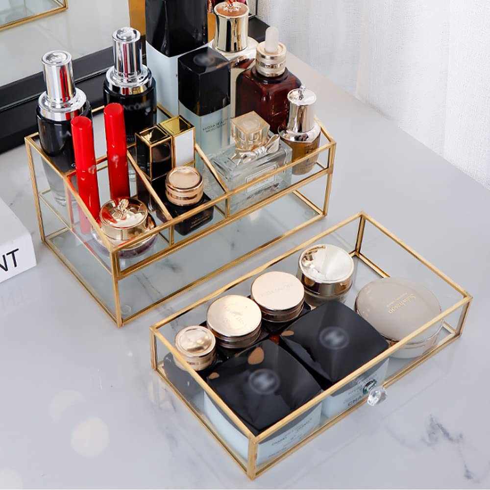 YUEHUA Organizador de cosméticos de vidrio transparente de latón y metal, organizador de maquillaje de vidrio para encimera de baño y tocador