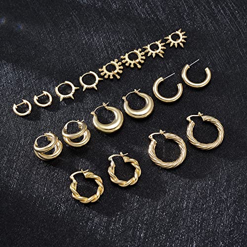 Cuicanstar 9 Pairs Chunky Gold Hoop Earrings Set For Women Girls, Lightweight 14K Gold Hoops Twisted Hoop Earrings Huggie Earrings Set #TOP3