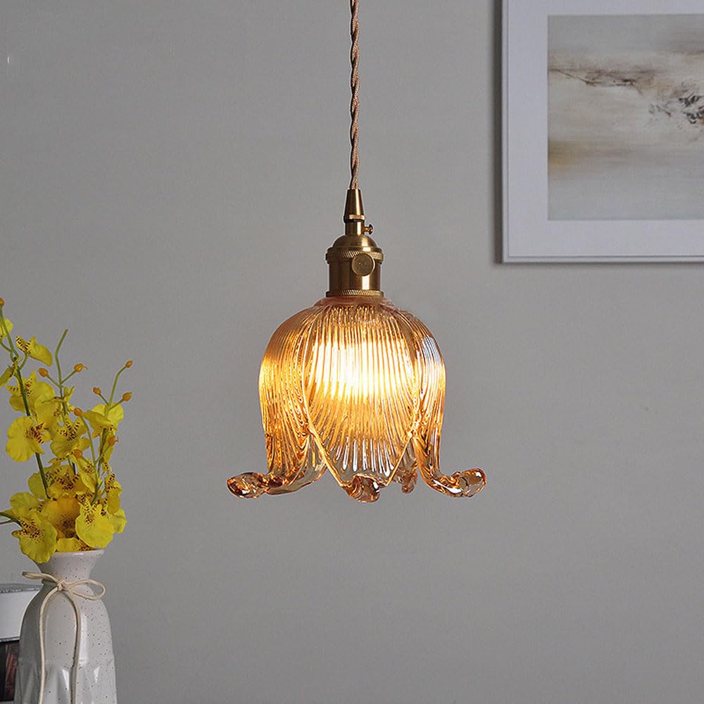 Bursztynowa lampa wisząca w kształcie kwiatu z kloszem szklanym, żyrandol w stylu retro nordyckim, podstawa E26/E27, mosiężny uchwyt lampy wiszącej 39 cali, regulowany do jadalni,