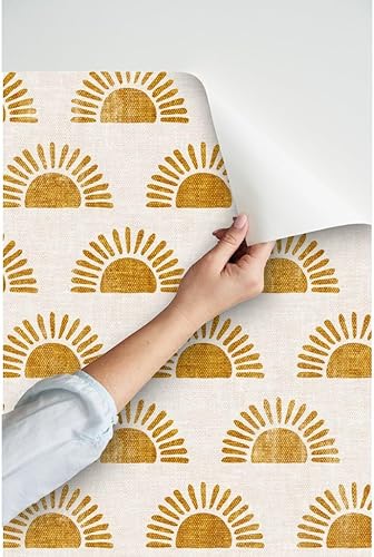 Miniatura 3 de Spoonflower Papel tapiz autoadhesivo para despegar y pegar, estampado de bloques bohemios, sol sol en naranja dorado, papel tapiz extraíble