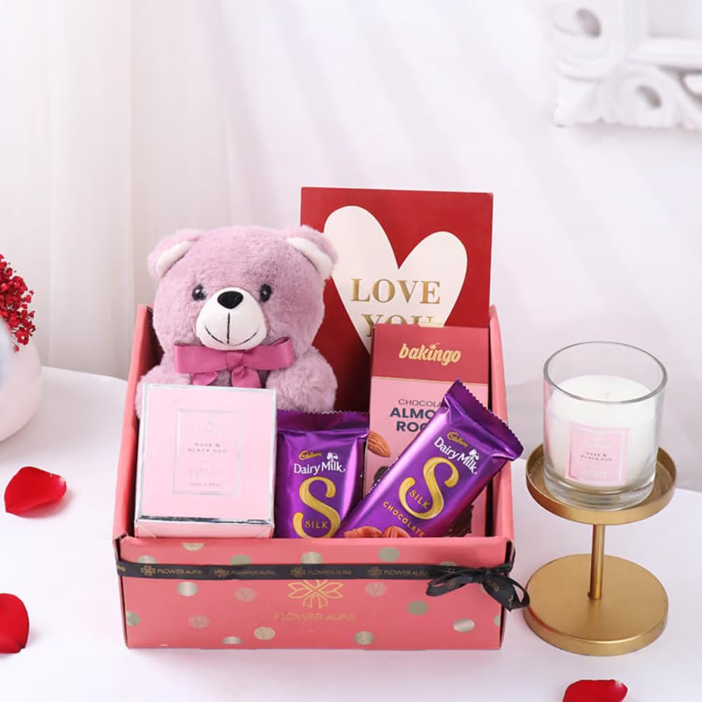 FlowerAura Premium Gift Hamper of Scented Candle, Greeting Card, Teddy, Almonds Rock & 2 Chocolates For Birthday | Anniversary | Romantic Surprise | Father’s Day | Mother’s Day (Same Day Delivery)