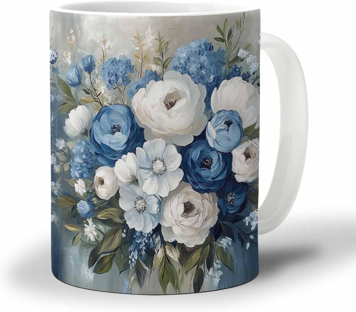 BEMIGO Ceramic Coffee Mug Vintage Floral Ceramic Mug White Cup, Blue White Insulated Coffee Cup with Handle with Pattern Perfect for Tea and Hot Beverages, 12oz