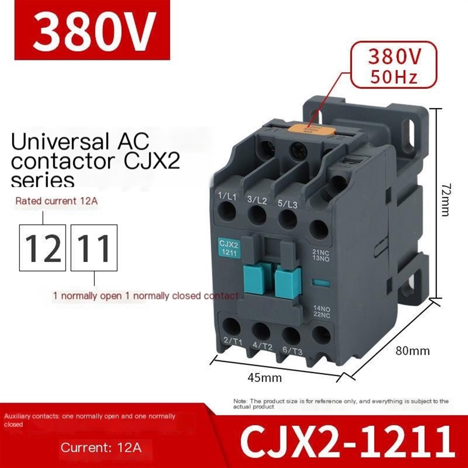Contactor de CA Cjx2-1211, monofásico, 220 V, 380, 36, Normalmente Abierto y Cerrado(Cjx2-1211 380v)