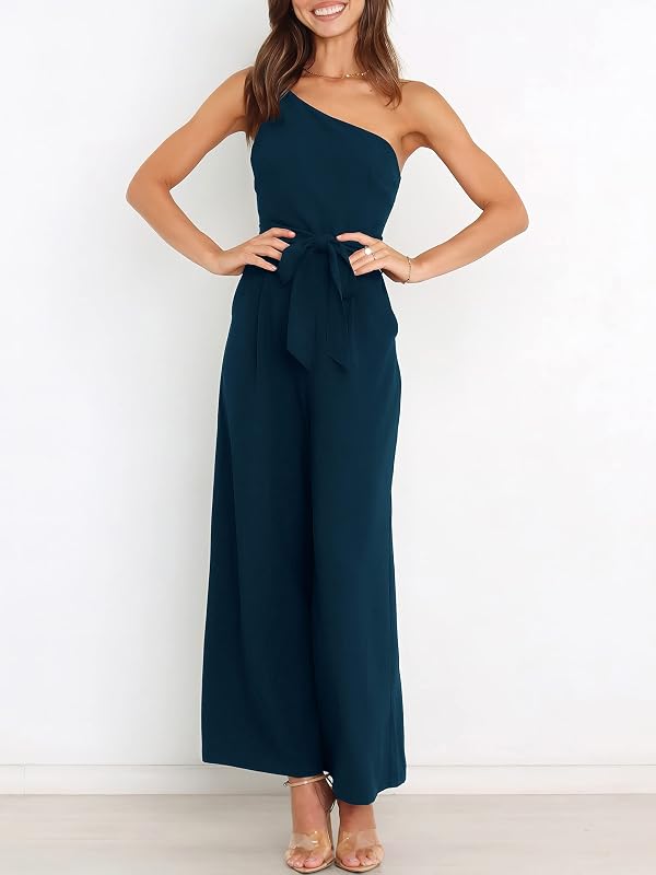 ANRABESS Women Summer Dressy Jumpsuits One Shoulder Sleeveless Casual Wide Leg Pants Romper Jumper 2025 Trendy Fall Outfits Navy Blue Large by ANRABESS - Used condition - Image 4