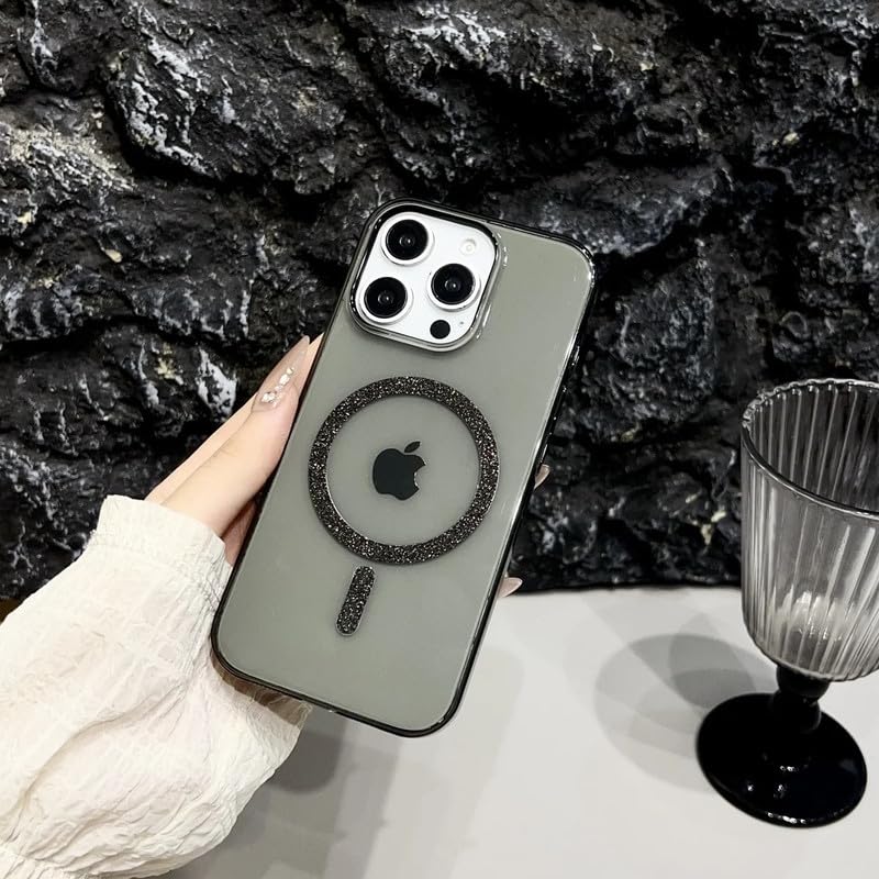 Image of COVERLY Magnetic Glitter for iPhone 15 Pro Max Case, Clear Crystal Bling Phone Case [Compatible with Mag-Safe] Shockproof Sparkly Cute Women Girl Protective Cover for iPhone 15 Pro Max, Black Glitter