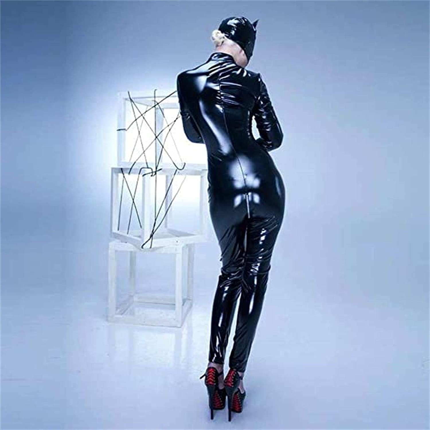 KRIDDR Faux Leather Bodysuit Women Sexy Wetlook Lingerie Long Sleeve Zipper Latex Catsuit Open Crotch Faux Leather Jumpsuit