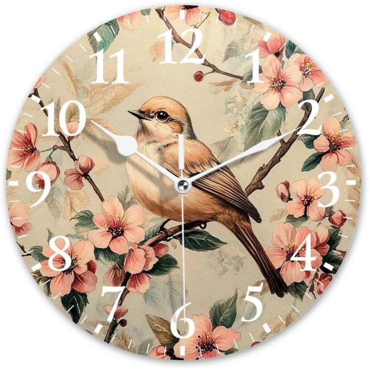 Battery Operated Round Wall Clock Non-Ticking Silent Analog Clcok Decorative for Living Room,Office,Kitchen-Bird Among Pink Flowers(16inch)