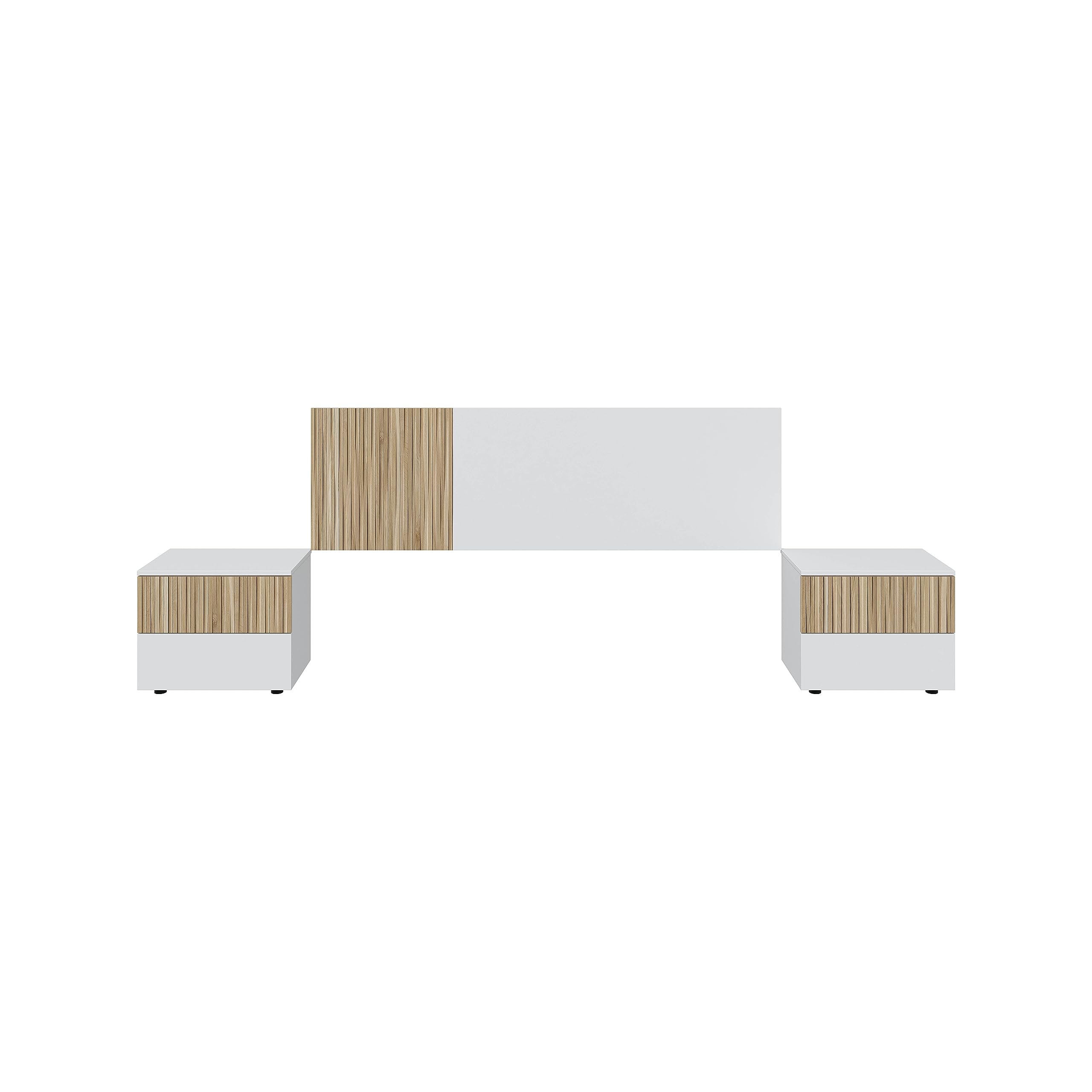 Mobelcenter, Conjunto Cabezal y 2 Mesitas Dormitorio Ethna, Cabecero y Mesitas para Cama de Matrimonio, Color Blanco Artik y Natur, Medidas: Ancho: 266 cm x Fondo: 34 cm x Alto: 91 cm (1428)