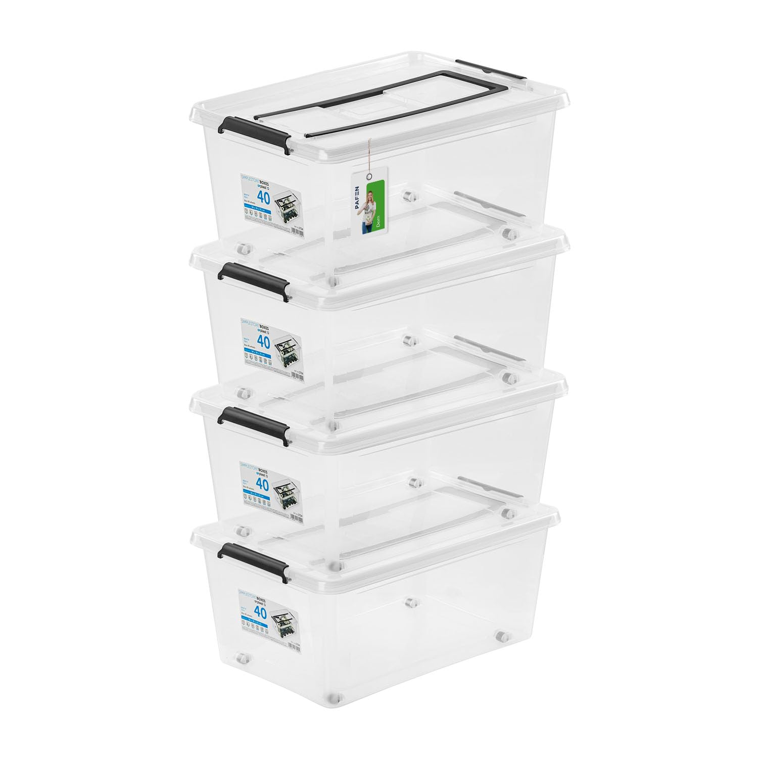 PAFEN 4x Unterbettkommode Aufbewahrungsbox 40L mit Rollen und Griff - 38,5 x 25 x 58 cm - Transparent Boxen Aufbewahrung Stapelboxen mit Verschlussclips Kunststoffbehälter