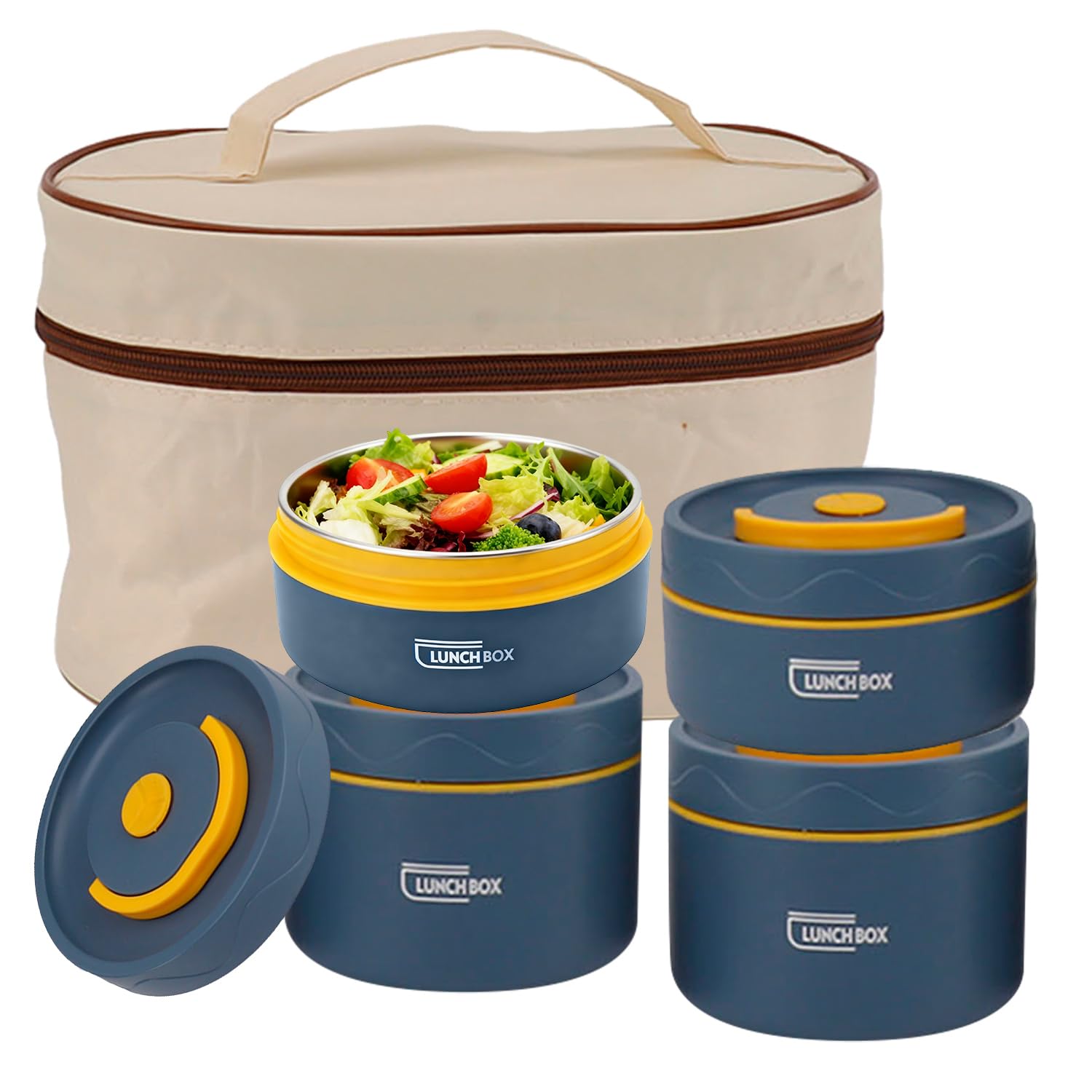 4 Pezzi Cibo Thermo, Contenitore Termico per Alimenti Caldi Contenitori per il Pranzo Isolato Sigillati in Acciaio Inox Rotonda con Maniglia, Borsa, per Cibi Caldi e Freddi (Microonde-Blu Mare)