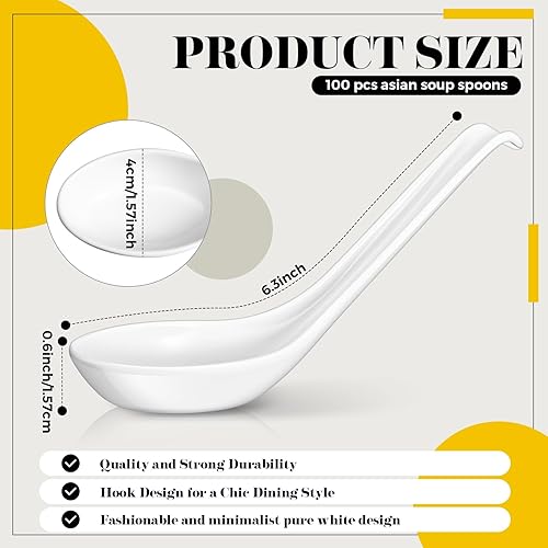 Miniatura 2 de Hushee 100 cucharas de sopa asiáticas de melamina a granel, cucharas de sopa japonesas grandes, cucharas de sopa china, cucharas blancas de ramen,