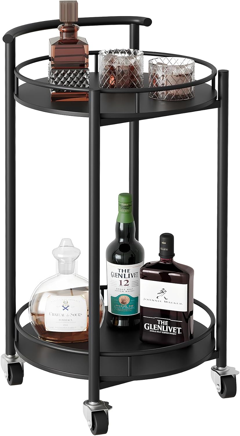 Bar Cart Black Rolling Cart for Home,2 Tiers Bar Serving Cart Round Wine Cart with Handle, Metal Wine Rack and Casters, Serving Bar Trolley for Home Kitchen,Living Room,Christmas,New Year Blak