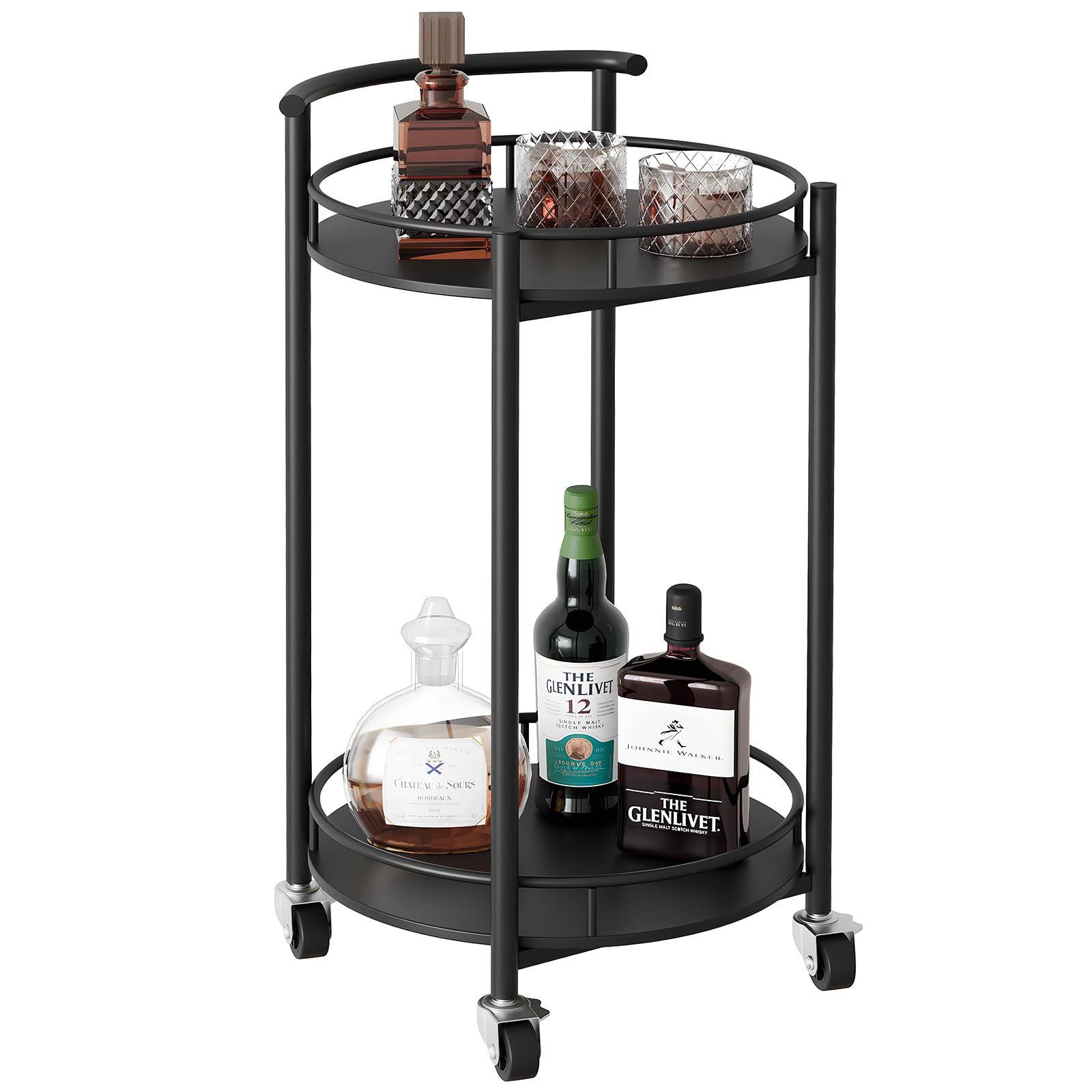 Azheruol Bar Cart Black Rolling Cart for Home,2 Tiers Bar Serving Cart Round Wine Cart with Handle, Metal Wine Rack and Casters, Serving Bar Trolley