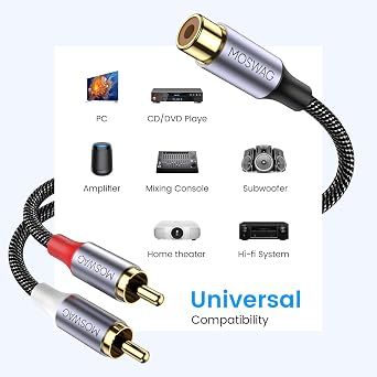 MOSWAG RCA Splitter 1 Female to 2 Male, Gold Plated RCA Y Splitter Audio Video Cable Splitter Adapter Extension Cord for Subwoofer, Amplifier, Speaker, Gaming Console, Home Theater, TV, Car Audio