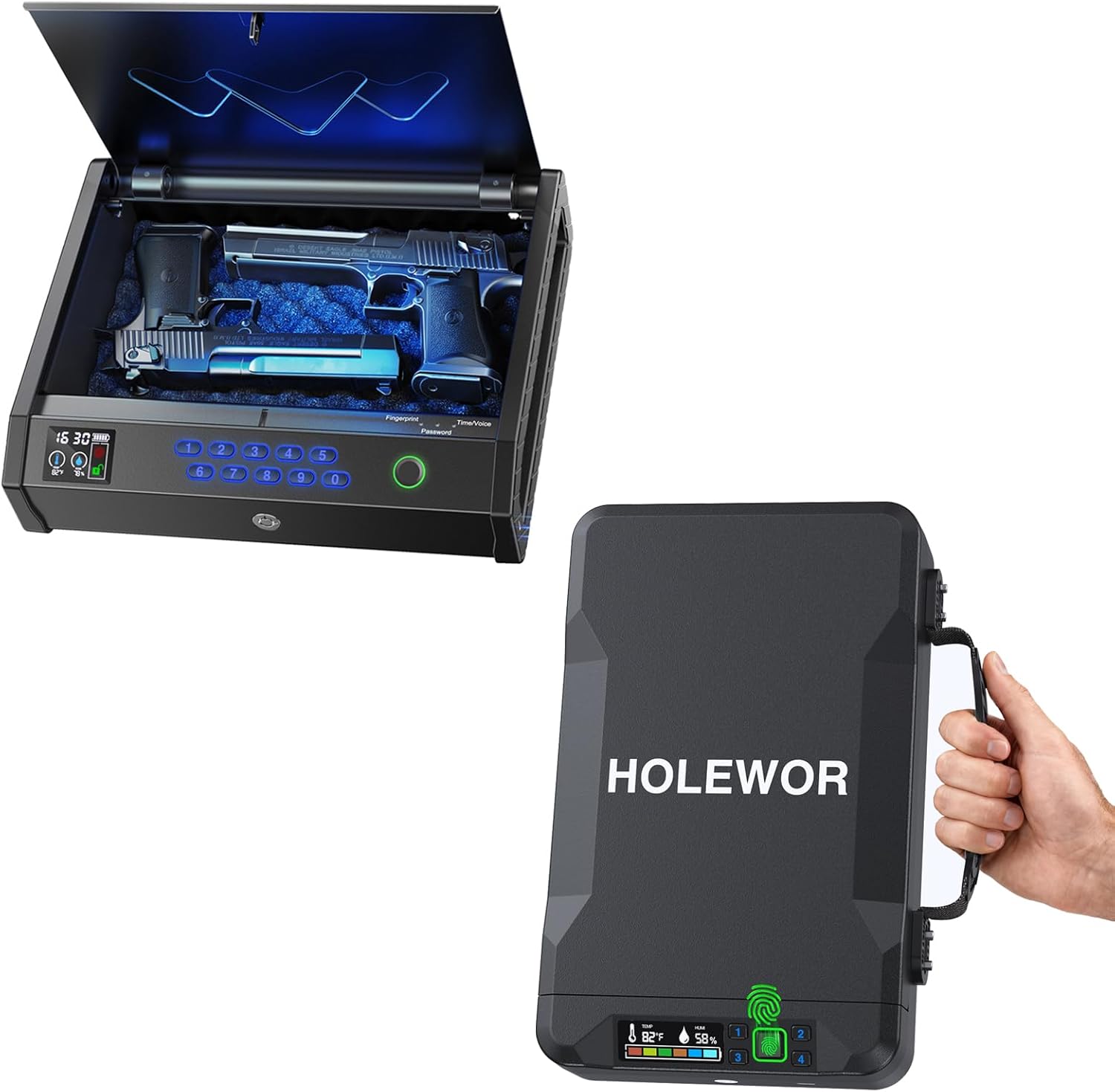 Handheld Car Gun Safe Small Biometric Pistol Safe with LCD Display of Temperature Humidity