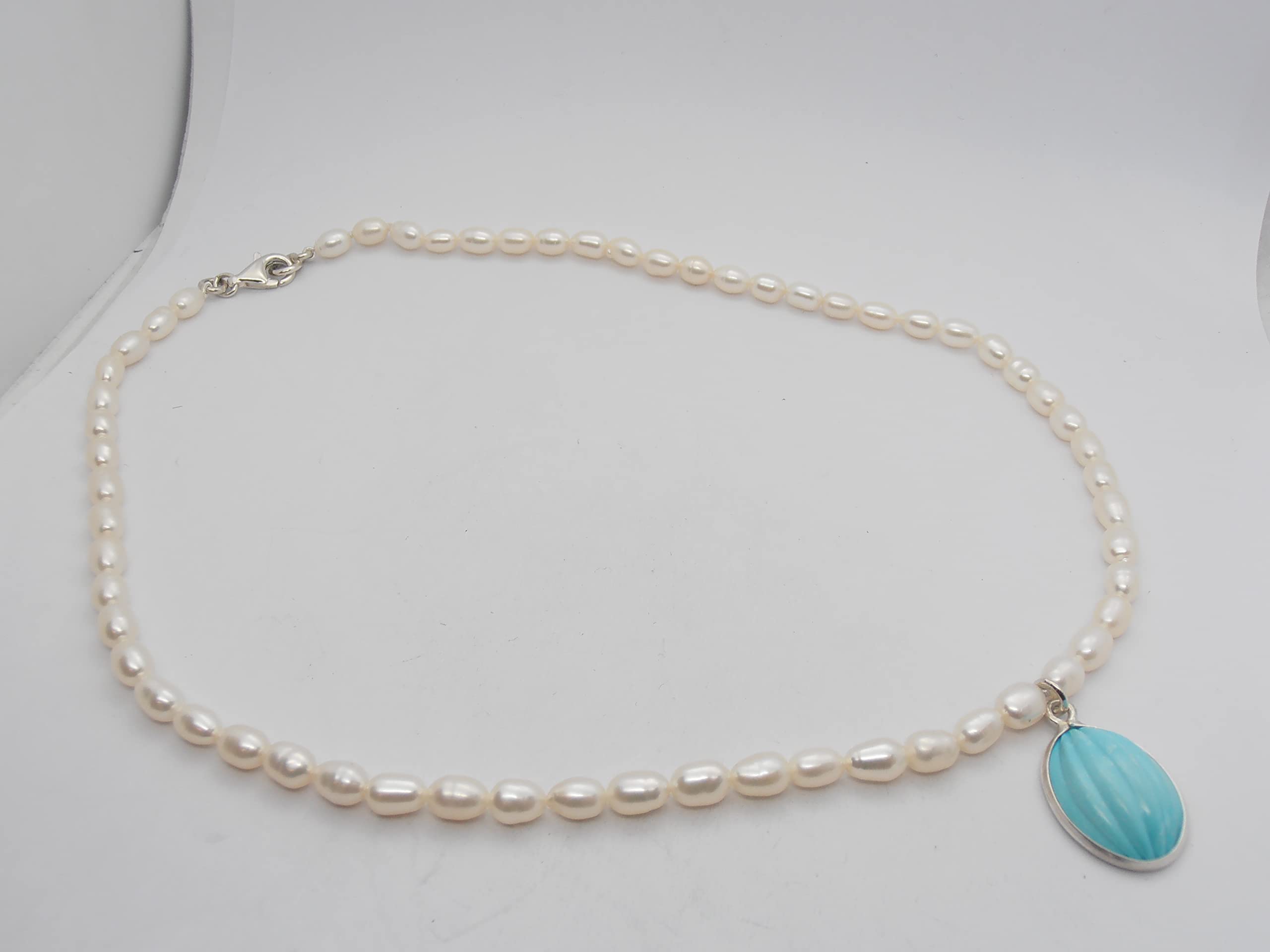 Collana di Perle d'Acqua Dolce con Ciondolo in Turchese Naturale e Argento 925 - Girocollo con Pietre Preziose