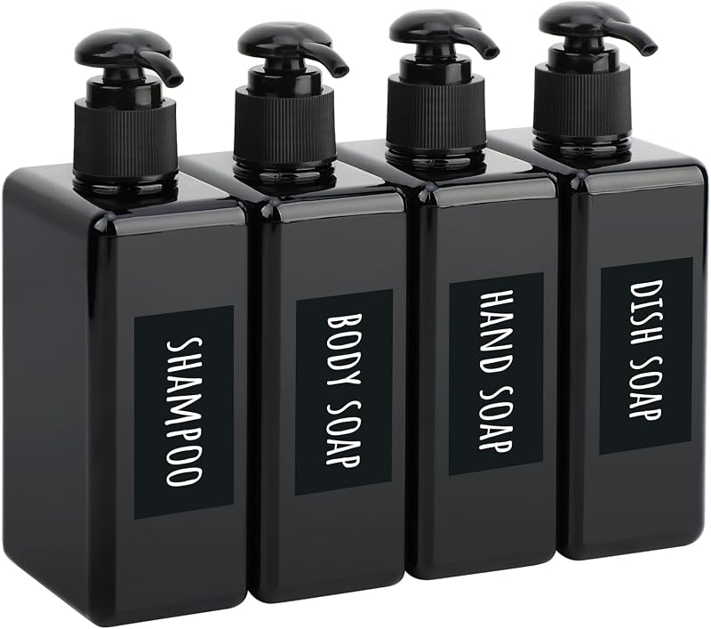 Segbeauty Frasco Recarregável com Bomba, Formato Quadrado, Preto, Pacote com 4