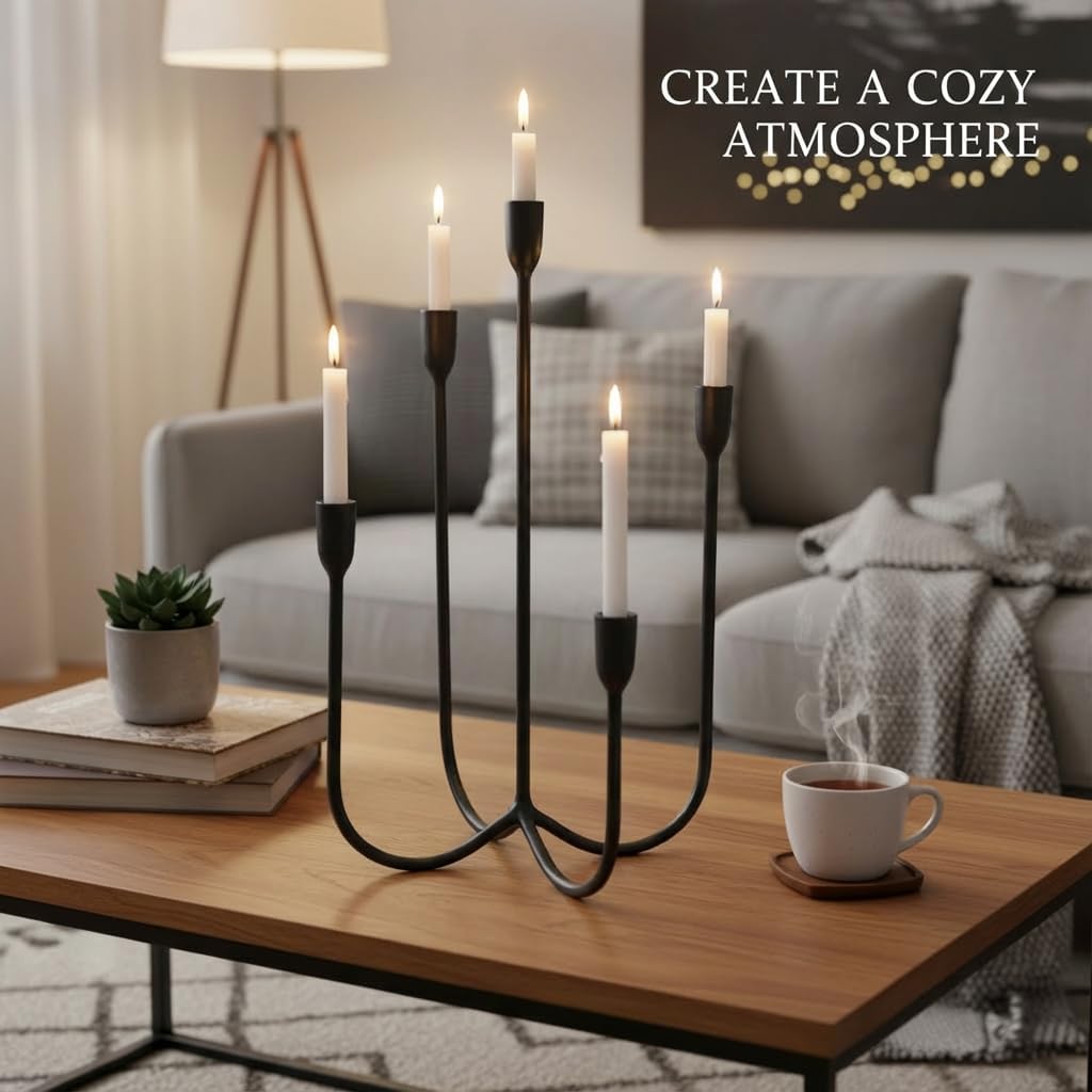 Candelabra for 5 Taper Candles – Hand-Forged Candle Holder with Elegant Vintage Finish – Decorative Centerpiece for Dining Room, Living Room or Mantel Decor（Black）