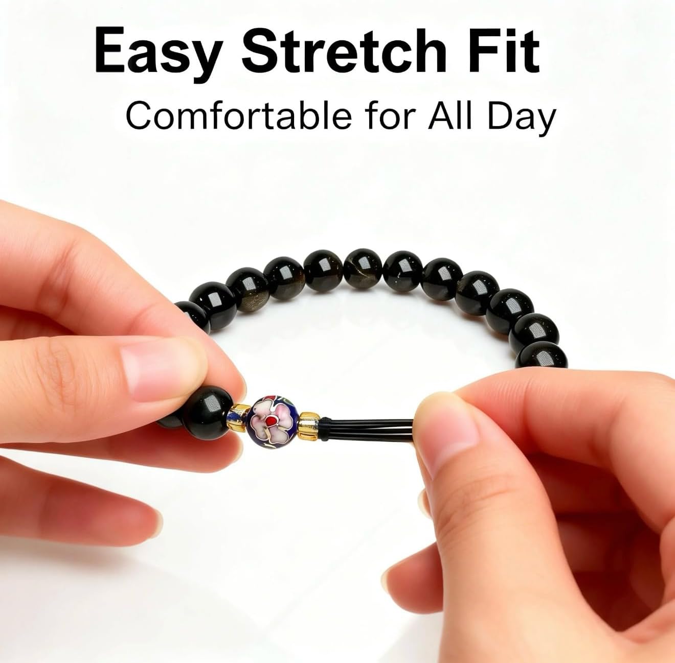 TONCIA Black Obsidian Bracelet for Women, 8mm Natural Obsidian Beads with Handmade Cloisonné Enamel Accent, Gift-Ready Healing Crystal Bracelet for Protection & Positive Energy