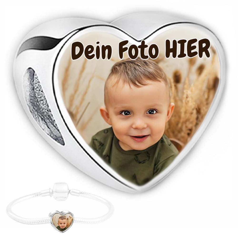 Personalisiert Schmuck Foto Charm Liebes Herz kompatibel mit Pandora Armbänder, Edelstahl, Silberfarbe, Fügen Sie Ihr Bild hinzu