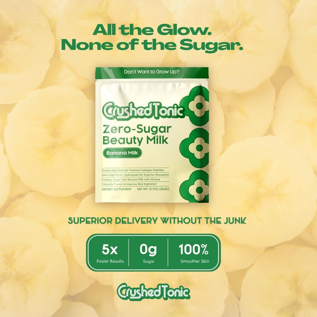 Crushed Tonic Korean Beauty Collagen Boost | Glycine Amino Acid Powder | K-Beauty Drink Blend | Vegetarian, Gluten-Free, Halal & Kosher (Sugar Free Banana, 30 Servings (150 g), Pouch)