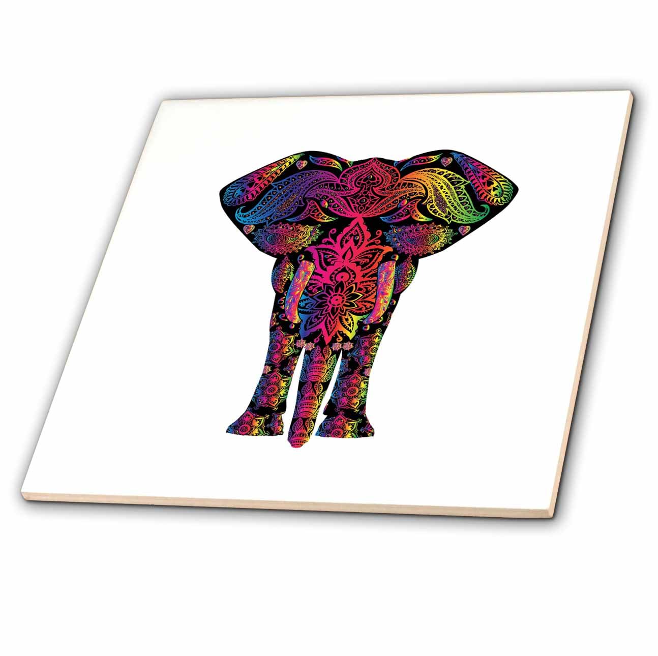 8 Inch Ceramic Tile - Fantasy Colorful Floral Mandala Animal Elephant Africa Watercolor Illustration Animal