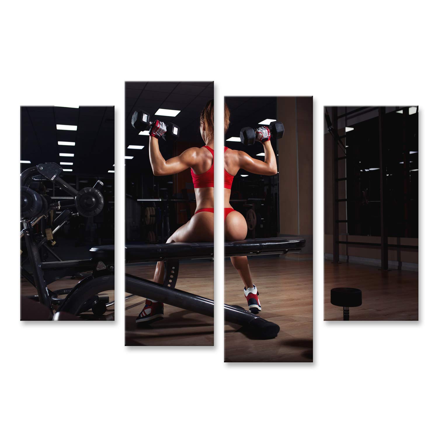 Quadro Moderno Giovane Ragazza Sexy Che riposa Dopo Gli Esercizi di manubri. Fitness Donna in panchina in Palestra con manubri per l'allenamento in Palestra Stampa su Tela Quadri x Salotto c