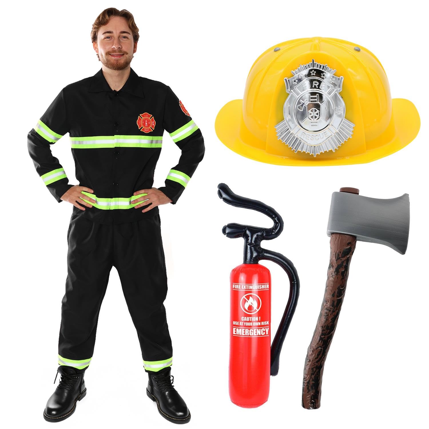 Kostium strażaka dla dorosłych – nadmuchiwana gaśnica 70 cm, kask, 40 cm siekiera i mundur strażaka z odblaskowymi detalami, do fantazyjnego stroju, zabawnego stroju jelenia, Halloween i odgrywania