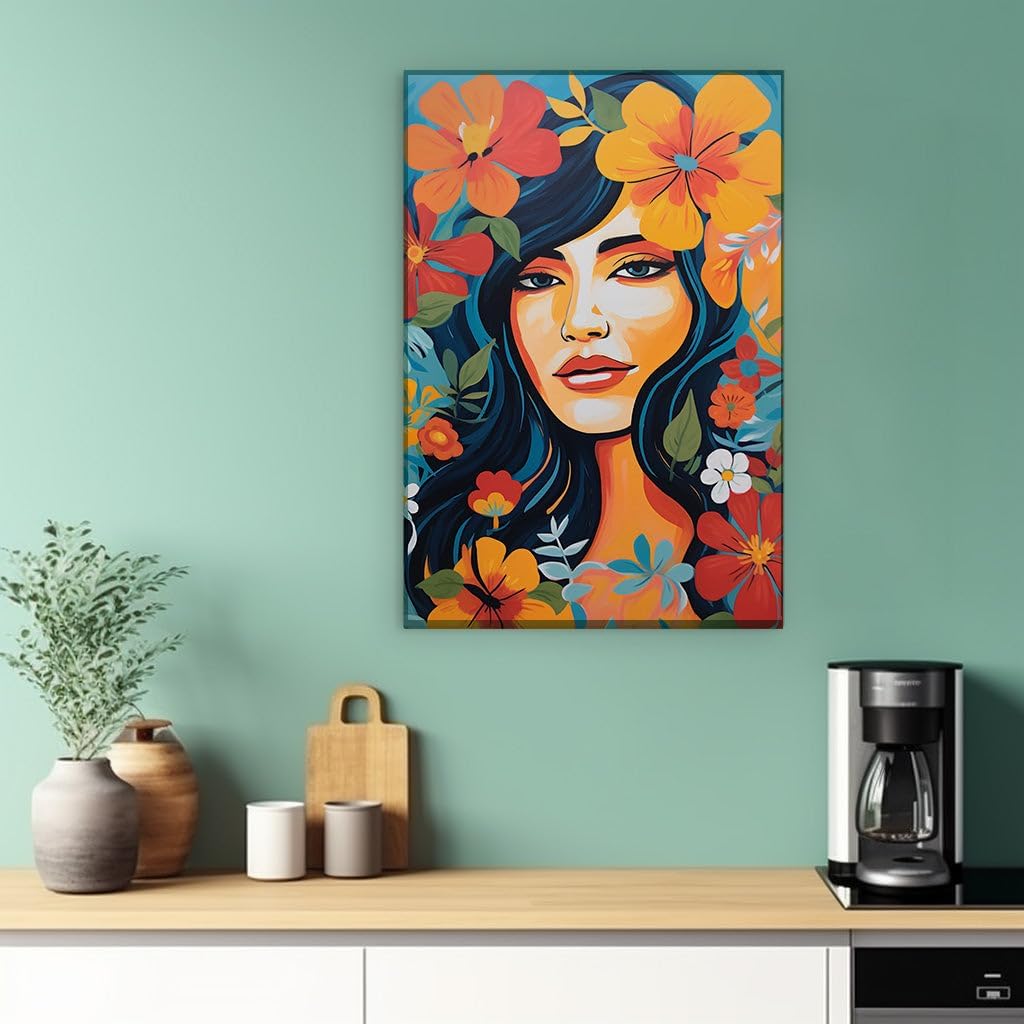 Canvas for Living room. Blossoming Serenity: A Digital Portrait of Feminine Grace and Floral Elegance, 27 x 18 inch Canvas Wall Art - Contemporary Masterpieces - Botanical Home Decor